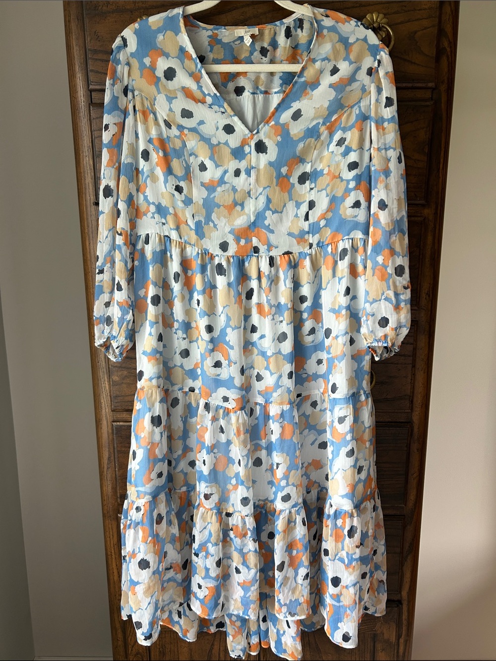 Joie Blue and Orange Floral Tiered V-Neck Long Sleeve Dress, Size M
